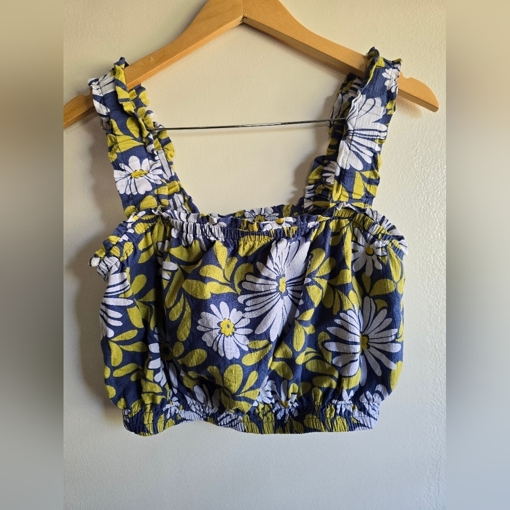Aerie, Floral Crop Top, Blue/Lime Green/White, Size Medium